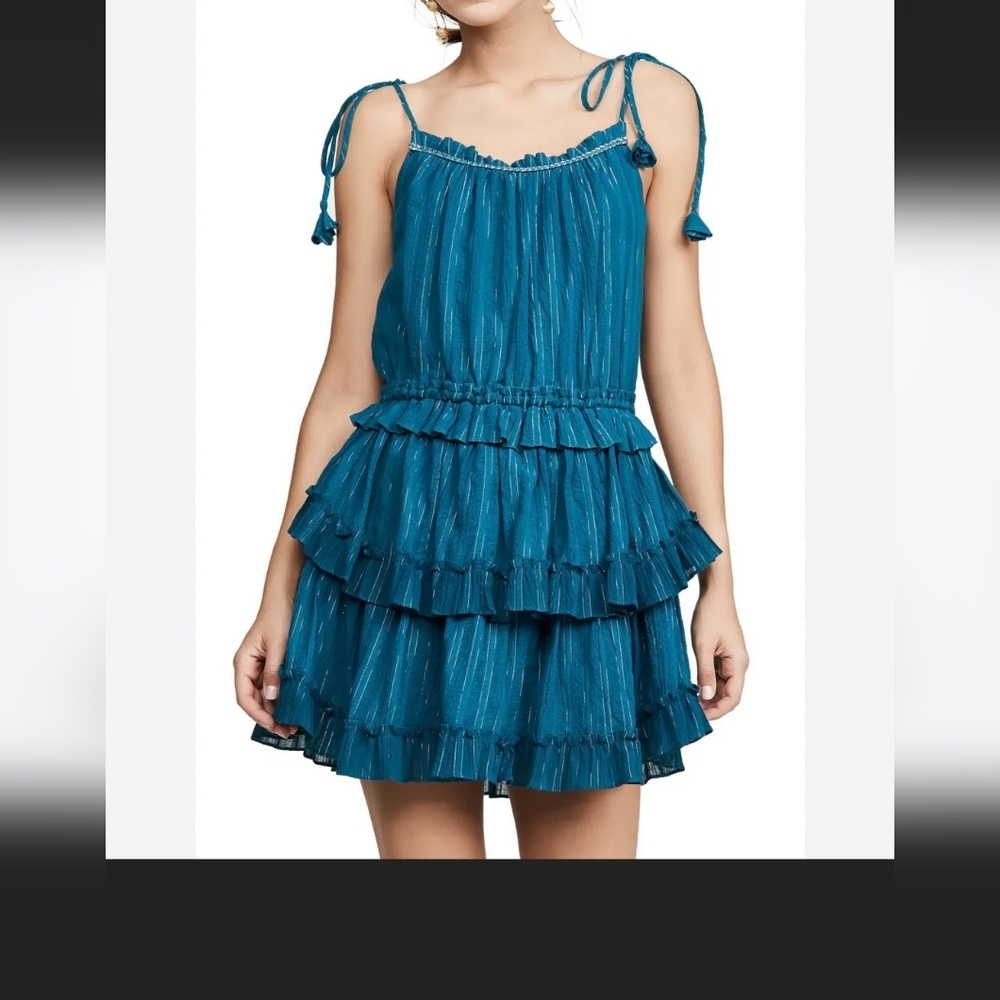 Misa - Blue Turquoise Ruffle Mini Dress With Metallic Shimmer - Size XS